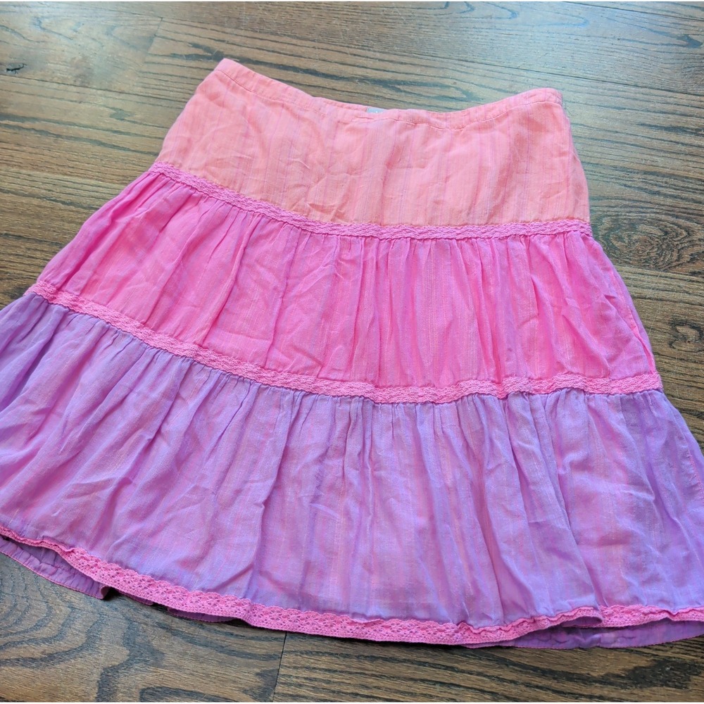 Janeville Tiered Colorblock Pastel Pink Purple Lace Hem Knee Length Skirt Sz 8